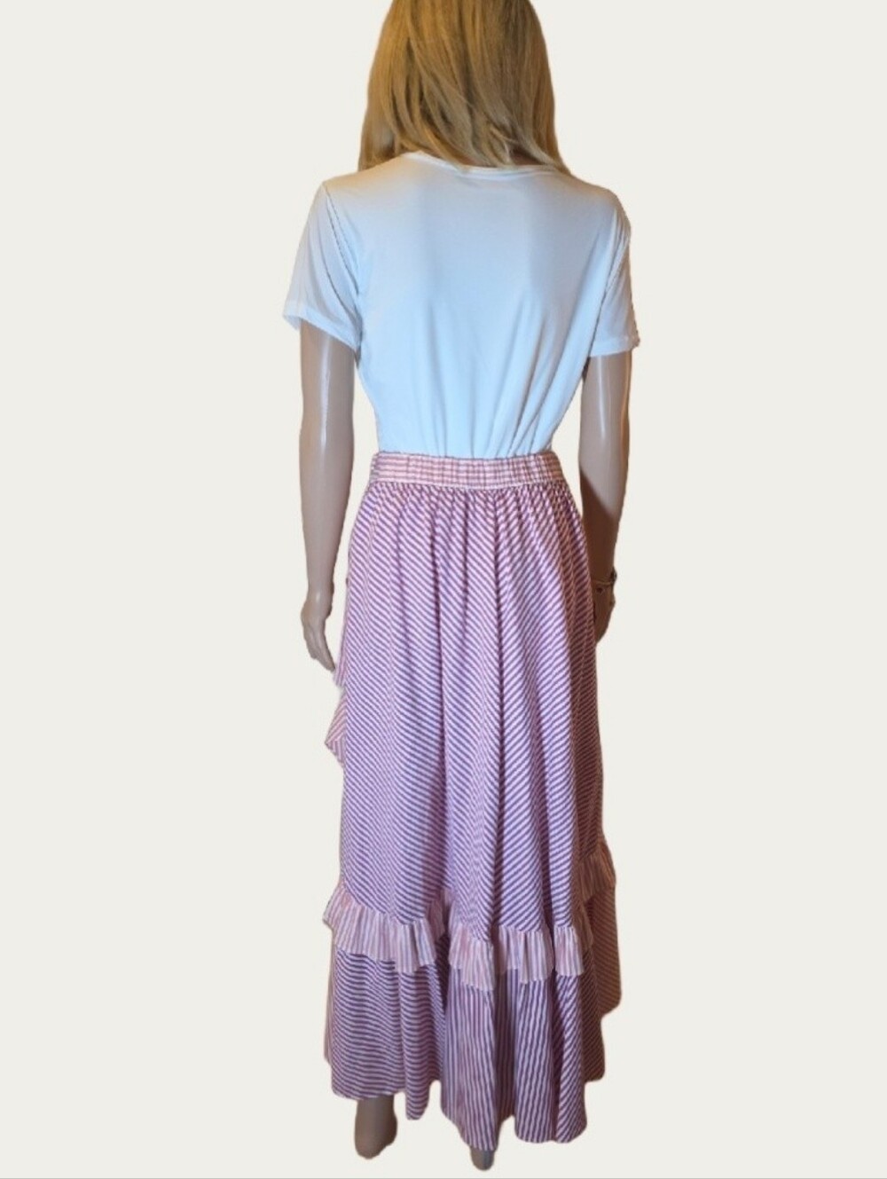 Maeve Anthropologie Penny Ruffled Wrap Midi Skirt Pink White Striped Sz S EUC - Picture 5 of 15